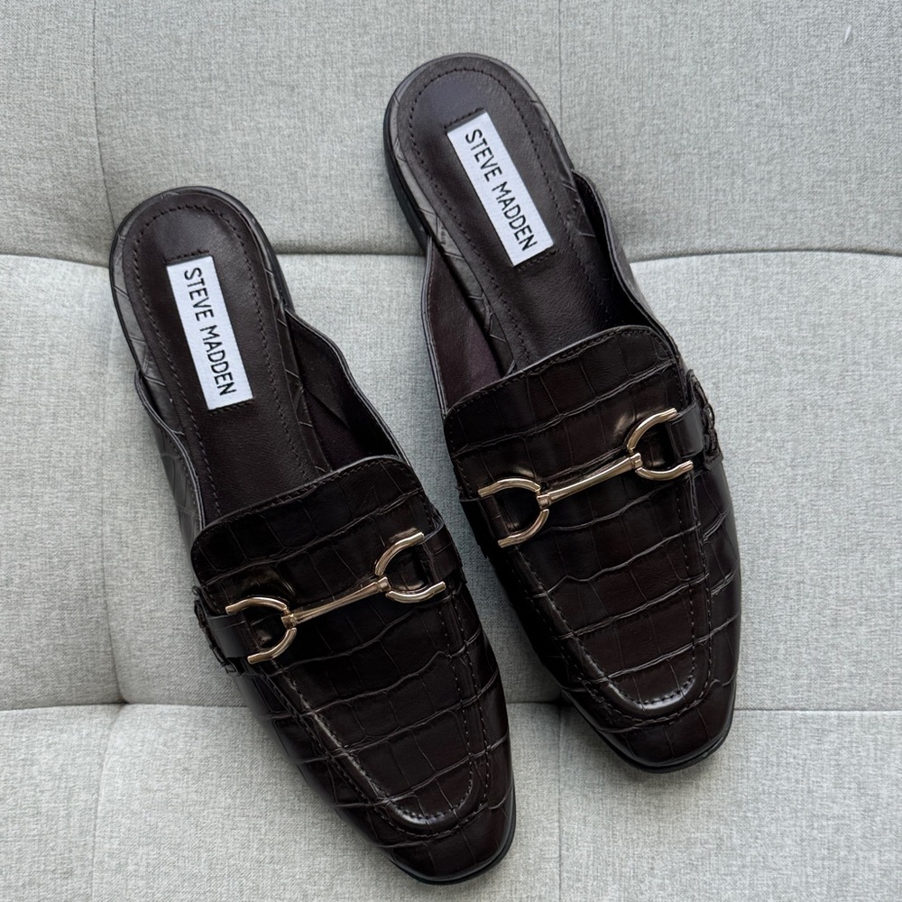 Steve Madden Dark Brown Croc-Embossed Horsebit Mule Loafers